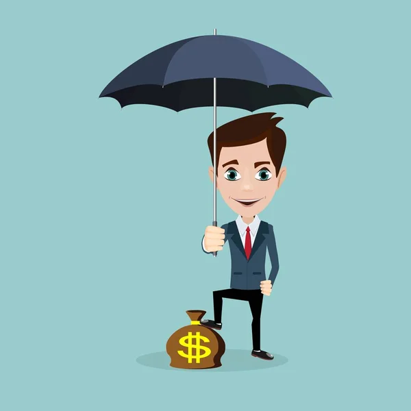 Un uomo d'affari in piedi con un ombrello che protegge i suoi soldi — Vettoriale Stock