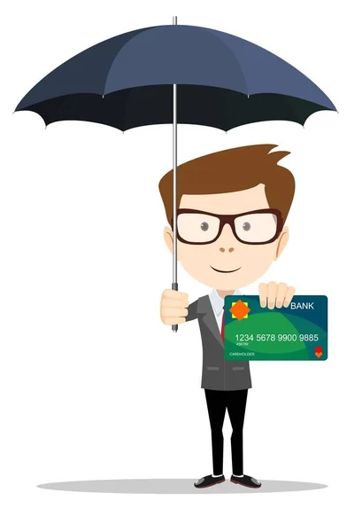 Mężczyzna stojący pod parasolem i chroni karty kredytowe — Wektor stockowy