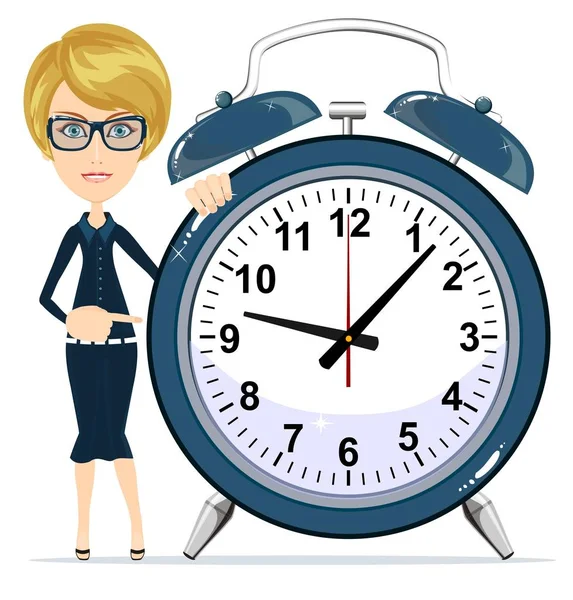 Zaman yönetimi. İş kadını Holding çalar saat. Çalışma Zamanı.