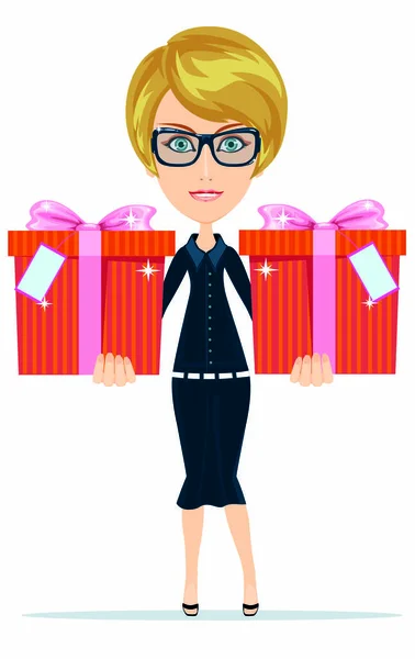 Mujer de negocios sosteniendo un regalo — Vector de stock