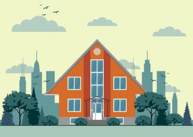 ağaçlar ve şehir arka plan ile modern yazlık ev.