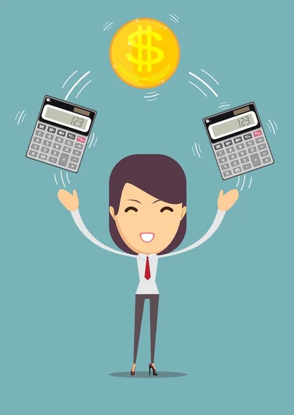 Femme d'affaires avec calculatrice et argent. Bénéfice, concept de finances . — Image vectorielle