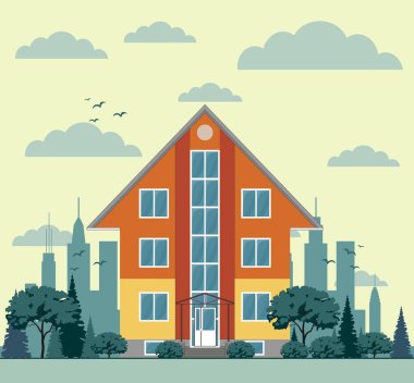 ağaçlar ve şehir arka plan ile modern yazlık ev.