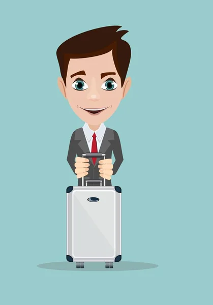 Businessman holding modern suitcase with wheels. — Stock Vector
