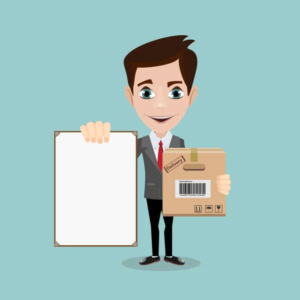 Delivery men with box and white board. — Stock Vector