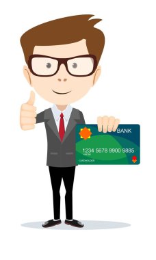 Takım elbiseli adam plastik kart gösterir.