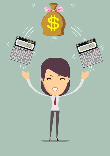 Business woman with calculator and money. Profit, finances concept. — Stock Vector