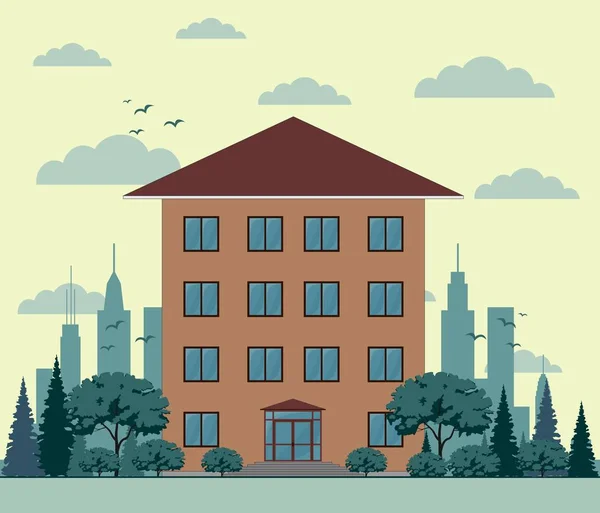 Edificio en el centro con árbol — Vector de stock