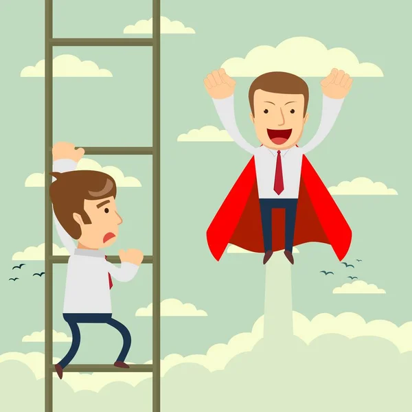 Üzletember szuperhős repülnek át üzletember mászni a létrán. — Stock Vector