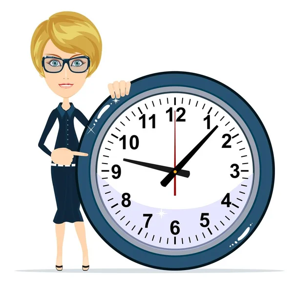 Femme d'affaires tenant horloge. Temps de travail . — Image vectorielle