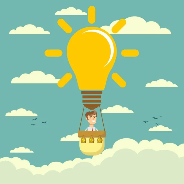 Businessman fly in lightbulb like a hot air balloon — Stock Vector