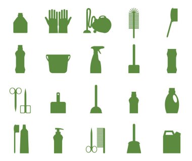 Profesyonel temizlik Servisi, kapıcı malzemeleri, ev işleri ekipman koleksiyonu.