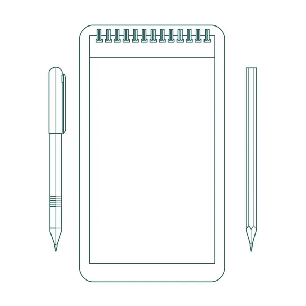 Bloco de notas de contorno com caneta e lápis . —  Vetores de Stock