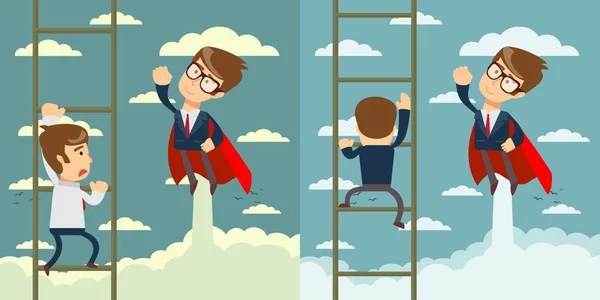 Homem de negócios super-herói voar passar empresário subindo a escada. Conjunto . —  Vetores de Stock
