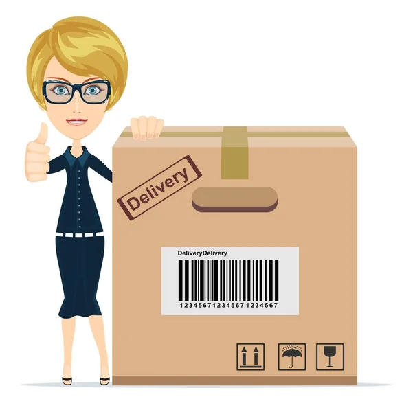 Image de femme d'affaires attrayante avec boîte en carton — Image vectorielle