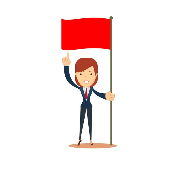 Gelukkig zakenvrouw verwijst naar de rode vlag. Opstarten bedrijfsconcept. — Stockvector