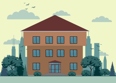 üç katlı ev cephe, ağaç, street, gökyüzü ve bulutlar