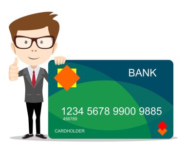 Takım elbiseli adam plastik kredi veya banka kartı gösterir