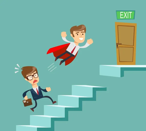 Super biznesmen w czerwoną pelerynę latający przekazać innym biznesmen wchodzenie po schodach. — Wektor stockowy