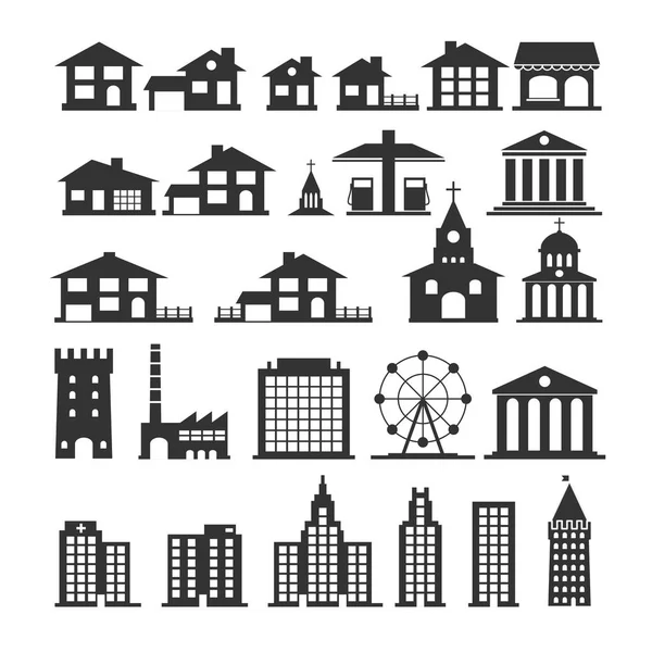 Städtische und staatliche Silhouetten von Gebäuden. einfaches schwarzes Schild Häuser. — Stockvektor