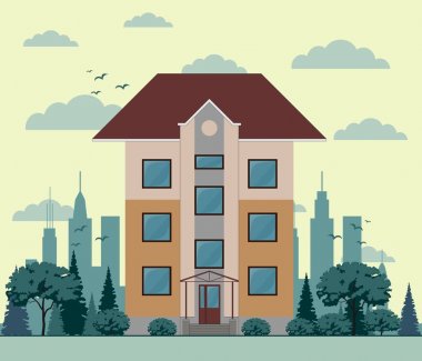 üç katlı ev cephe, ağaç, street, gökyüzü ve bulutlar