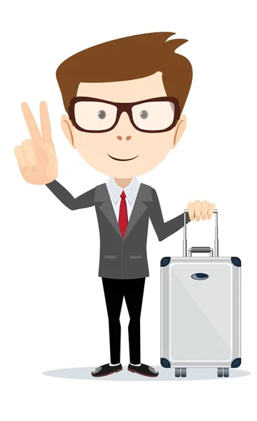 Man holding modern suitcase with wheels. Flat style — Stock Vector