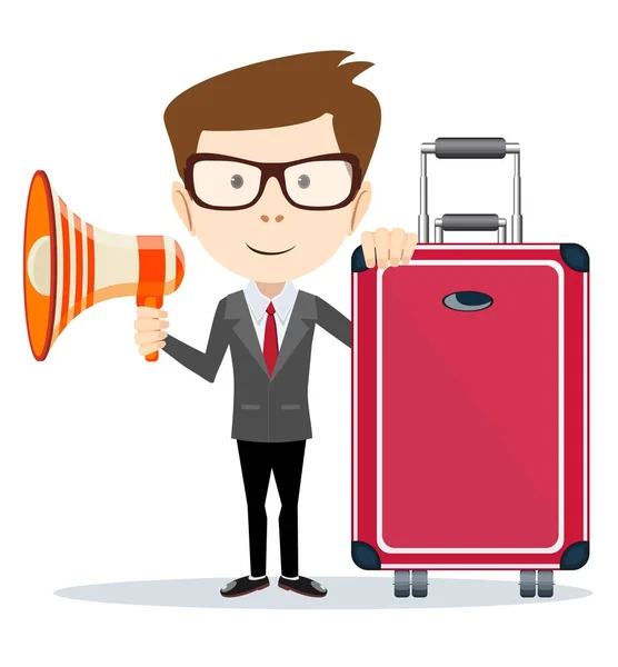 Businessman with a megaphone and suitcase with wheels. — Stock Vector