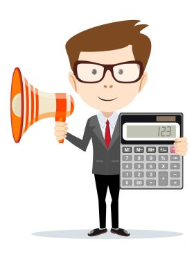 İşadamı bir megafon ve hesap makinesi ile.