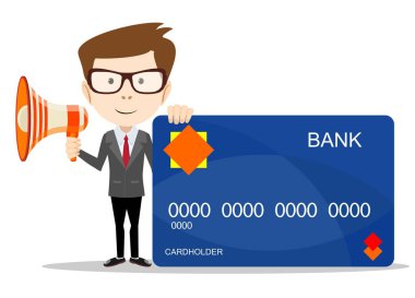 Bir megafon ve plastik kredi kartı ile iş adamı. Kar, mali kavramı.