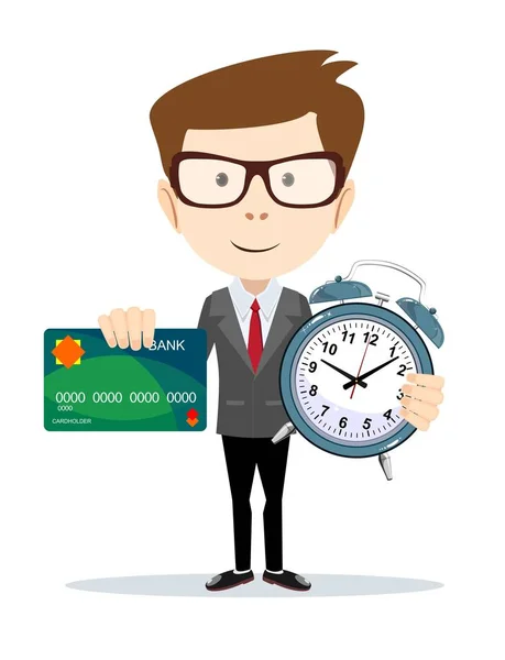 Człowiek z plastikowej karty kredytowej i trzymając w ręku budzik. — Wektor stockowy