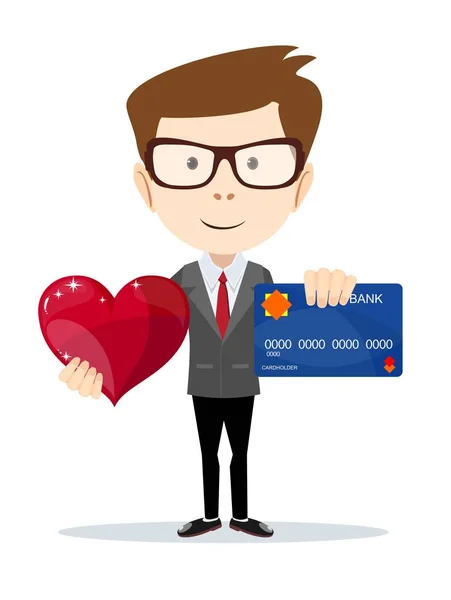 Funny cartoon działalności człowieka z plastikowej karty kredytowej i czerwone serce. — Wektor stockowy
