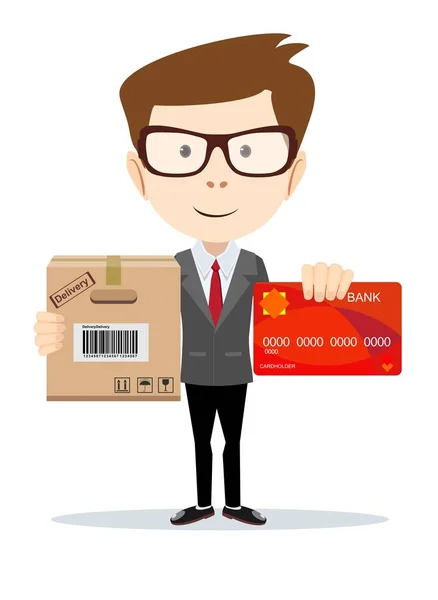 Homme tenant la carte de crédit en plastique et boîte en carton. Style plat . — Image vectorielle