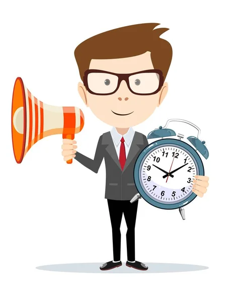 Business man with a megaphone looking at you and holding an alarm clock in his hand — Stock Vector