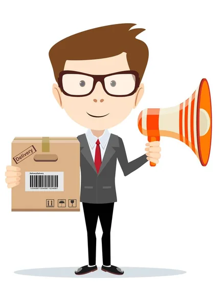 Businessman with a megaphone carrying a paper box, business moving concept — Stock Vector