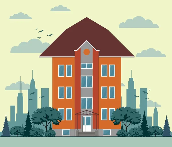 Flat design city houses, skyscrapers, colorful cottage building