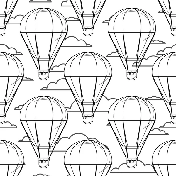 Globo de aire caliente, globos pequeños, nubes. Dibujos animados contorno negro sobre blanco — Archivo Imágenes Vectoriales