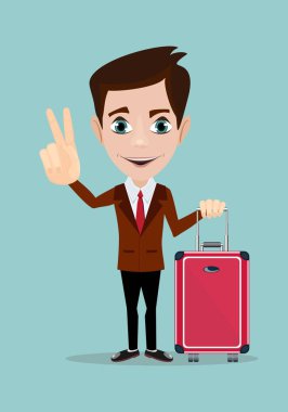 Modern bavul tekerlekleri tutan işadamı.