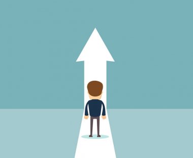 İş büyüme vektör kavramı ile doğru yukarı ok yürüyen adam.