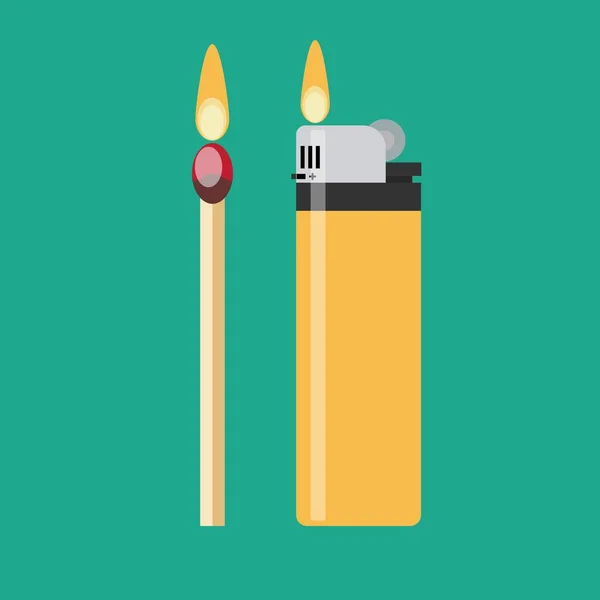 Une allumette et un briquet à gaz bleu chacun avec un feu flamboyant — Image vectorielle