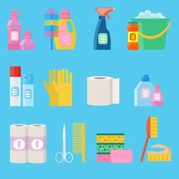 Igiene vettoriale e prodotti per la pulizia icone piatte . — Vettoriale Stock