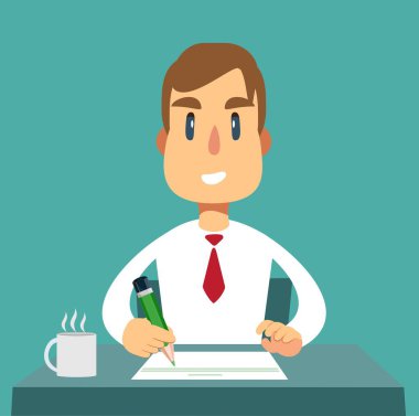 Gazeteci masada oturuyor ve kalemle bir kağıt parçasına notlar yazıyor.