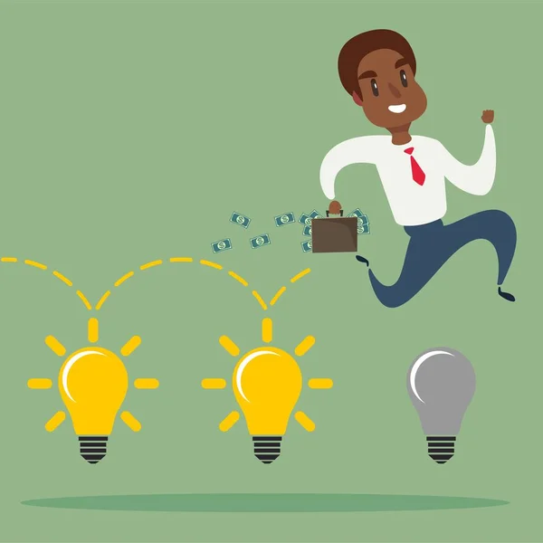 Black african american businessman jump on light bulbs, Idea concept — Stock Vector