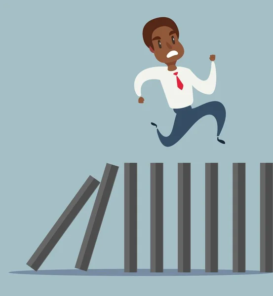 Affärsidé om en svart afrikansk amerikansk affärsman kör på toppen av dominoeffekt — Stock vektor