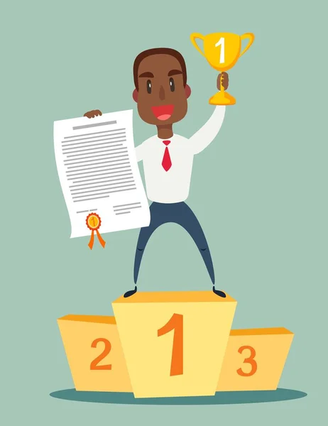 Happy businessmen standing on the winning podium holding up winning trophy and showing an award certificate. — Stock Vector