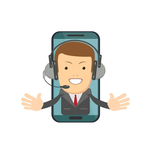 Mosolygó férfi operátor fülhallgatóval beszél a képernyőn egy okostelefon. — Stock Vector