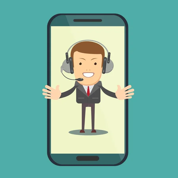 Operador masculino sonriente con auriculares que habla desde la pantalla de un teléfono inteligente . — Vector de stock