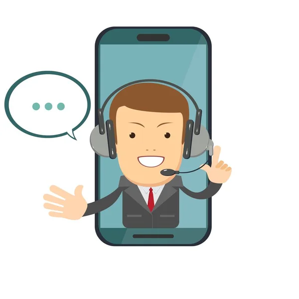 Operador masculino sonriente con auriculares que habla desde la pantalla de un teléfono inteligente . — Vector de stock