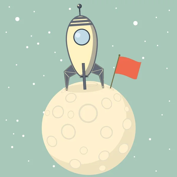 Rocket spaceship landed on moon. Success concept. — Stock Vector