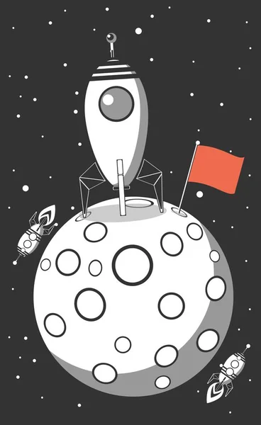 Rocket spaceship landed on moon. Success concept. — Stock Vector