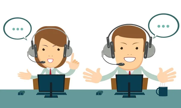 Operador masculino y femenino sonriente con auriculares trabajando en el centro de llamadas . — Vector de stock